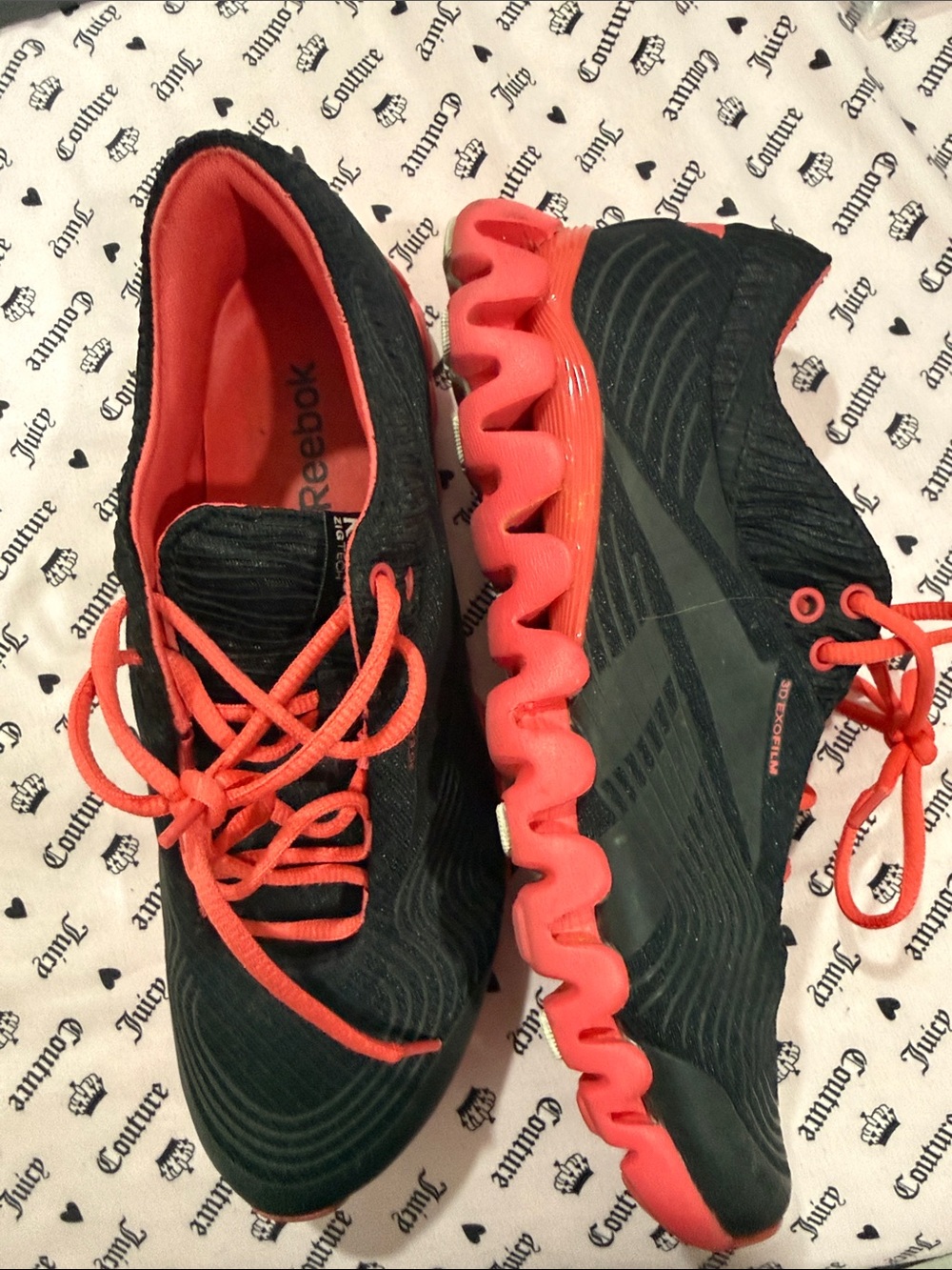 Reebok Women’s Black and Coral Athletic Zigzag Sole Sneakers